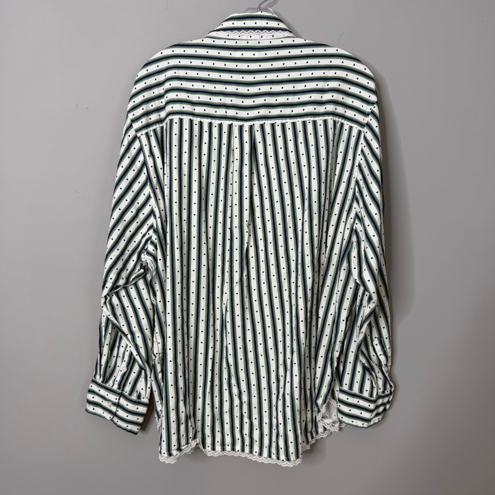 Aerie Flannel Pajama Shirt Womens XL Navy Green Stripe Heart Lace Cozy Lounge - Picture 3 of 8